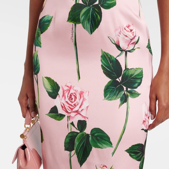 Dolce&Gabbana Rose Floral Satin Cocktail Midi Dress - Picture 5 of 5